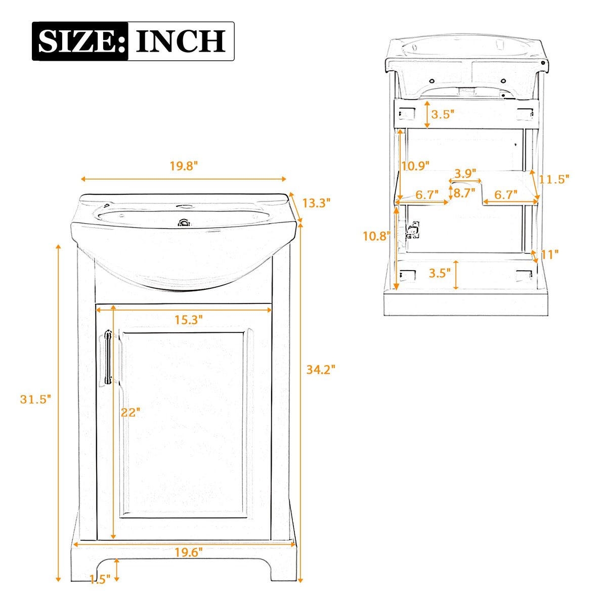YOPTO 20" Bathroom Vanity with Ceramic Sink, French Style, Black