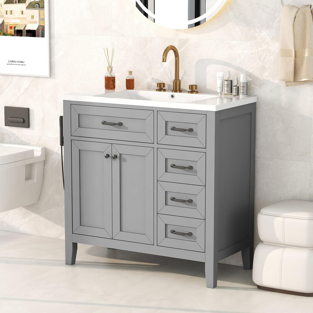 36 Inch Bathroom Vanities with Undermount Ceramic Sink, Storage Cabinet with Soft Closing Doors and Three Drawers, Solid Wood Frame, Natural Wood