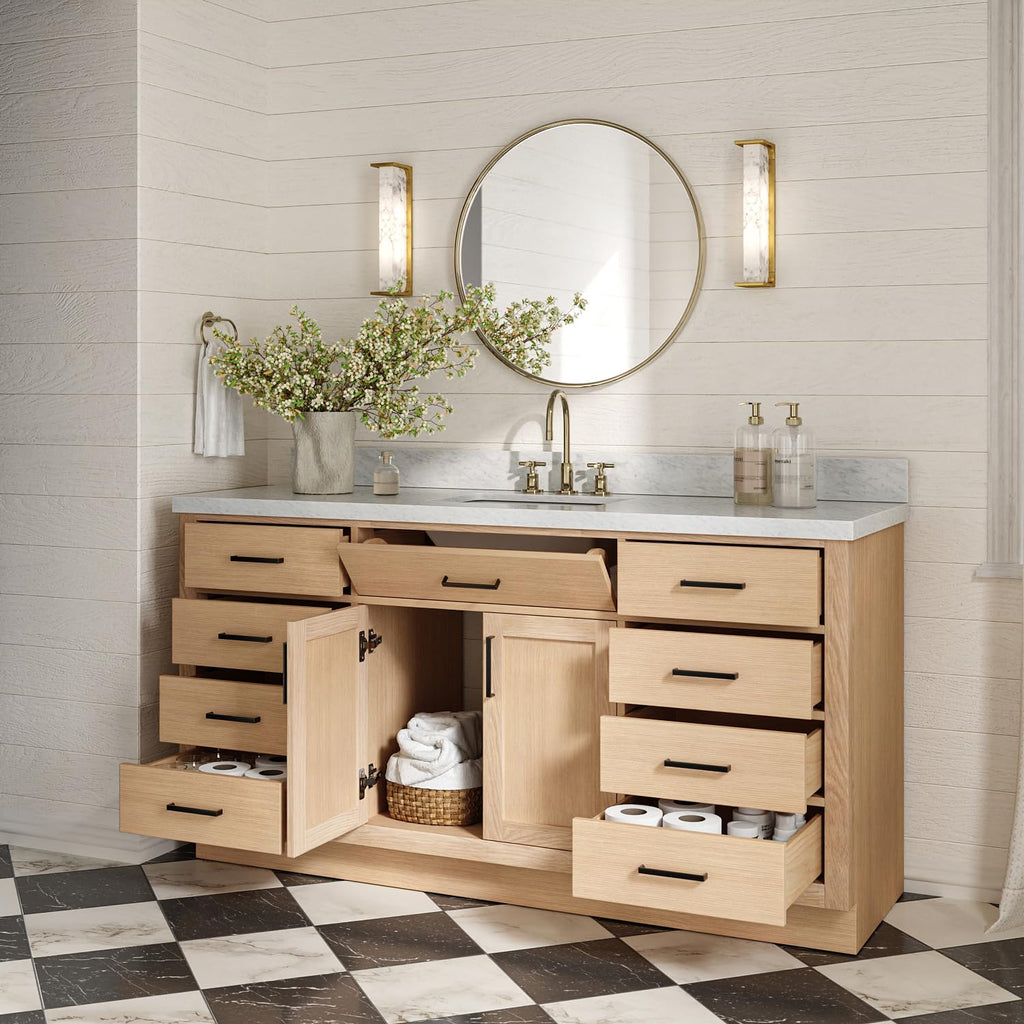 ARIEL Hepburn 66-inch Bathroom Vanity with Sink,Solid Wood, 1.5-inch Pure White Quartz Countertop & Backsplash, Single Rectangular Porcelain Sink, 2 Soft Closing Doors, 9 Dovetail Drawers, White