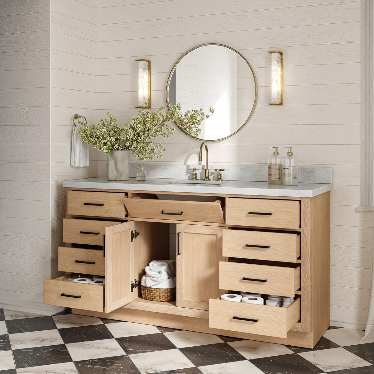 ARIEL Hepburn 66-inch Bathroom Vanity with Sink,Solid Wood, 1.5-inch Pure White Quartz Countertop & Backsplash, Single Rectangular Porcelain Sink, 2 Soft Closing Doors, 9 Dovetail Drawers, White