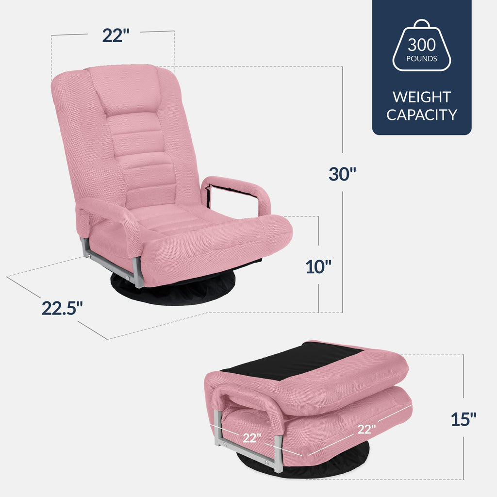 Best Choice Products Swivel Gaming Chair 360 Degree Multipurpose Floor Chair Rocker for TV, Reading, Playing Video Games w/Lumbar Support, Armrest Handles, Adjustable Foldable Backrest - Black/Black