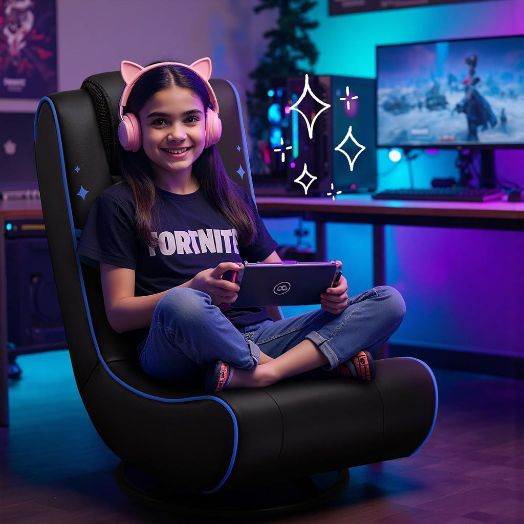 GTPLAYER Floor Gaming Chair Foldable Swivel Floor Chairs for Kids Boys Comfy Video Game Seat with 360Â° Multipurpose for Gamers, Bedroom or Game Room(Black-Blue)