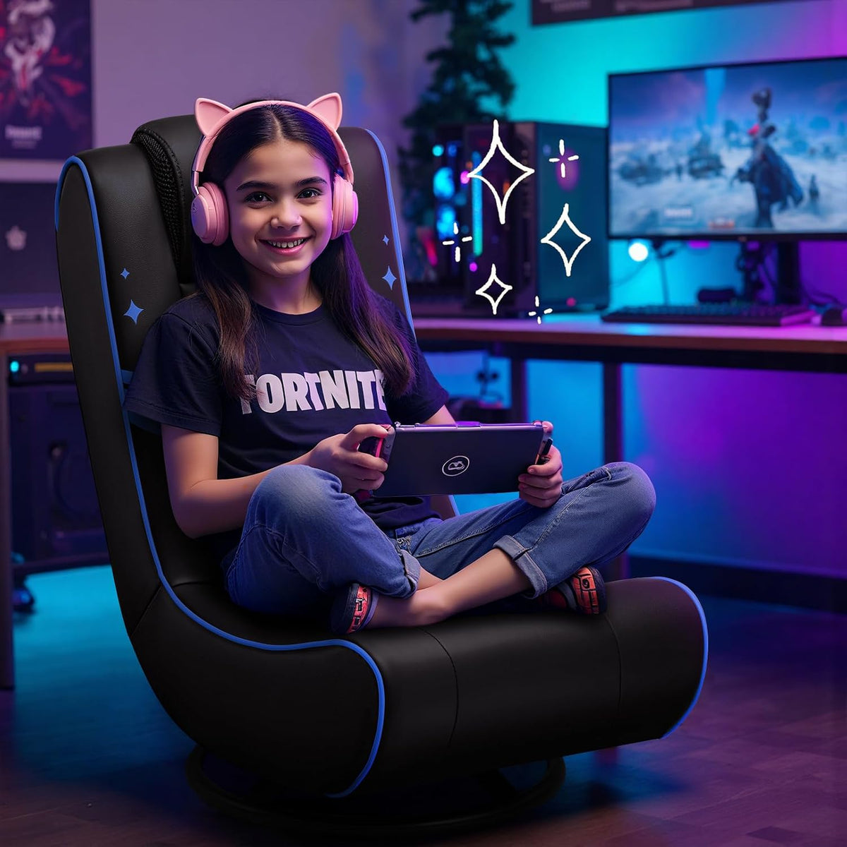 GTPLAYER Floor Gaming Chair Foldable Swivel Floor Chairs for Kids Boys Comfy Video Game Seat with 360Â° Multipurpose for Gamers, Bedroom or Game Room(Black-Blue)