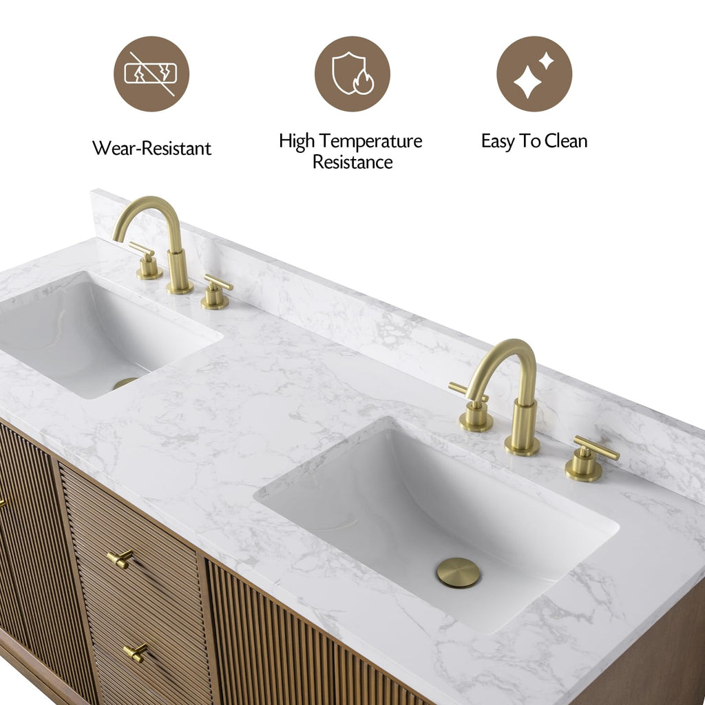 Vanity Art 72" Bathroom Vanity with Double Sink & Arabescato White Engineered Stone Top, Vanity Cabinet with Soft Closing Door, Solid Wood Frame, Golden Brushed Handles, Walnut VA8172D-Walnut-GB