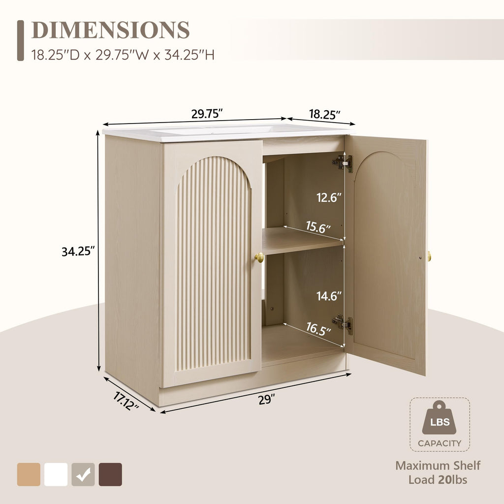 IFGET 30 Inch Bathroom Vanity with Sink, Arched Fluted Design, Natural Oak