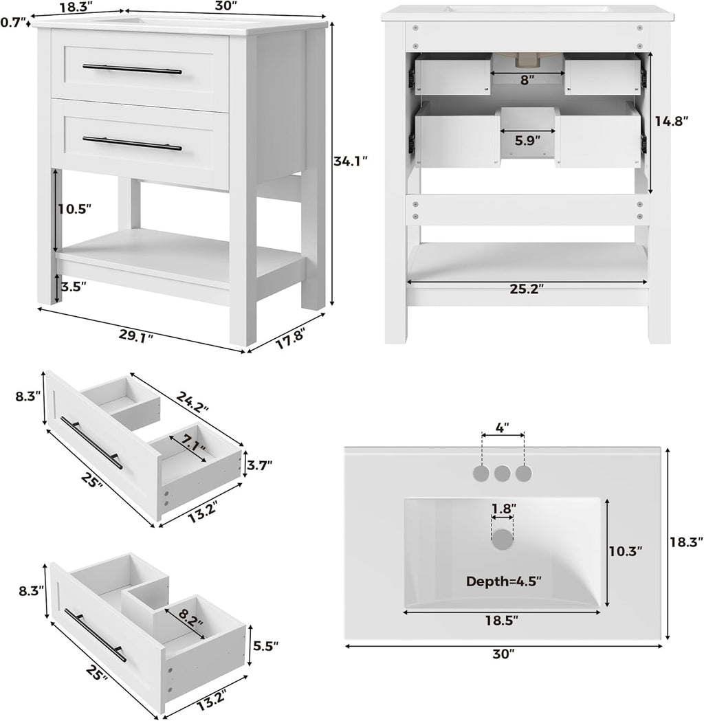 LIKIMIO 30" Bathroom Vanity with Sink, 2 Drawers & Open Shelf, White