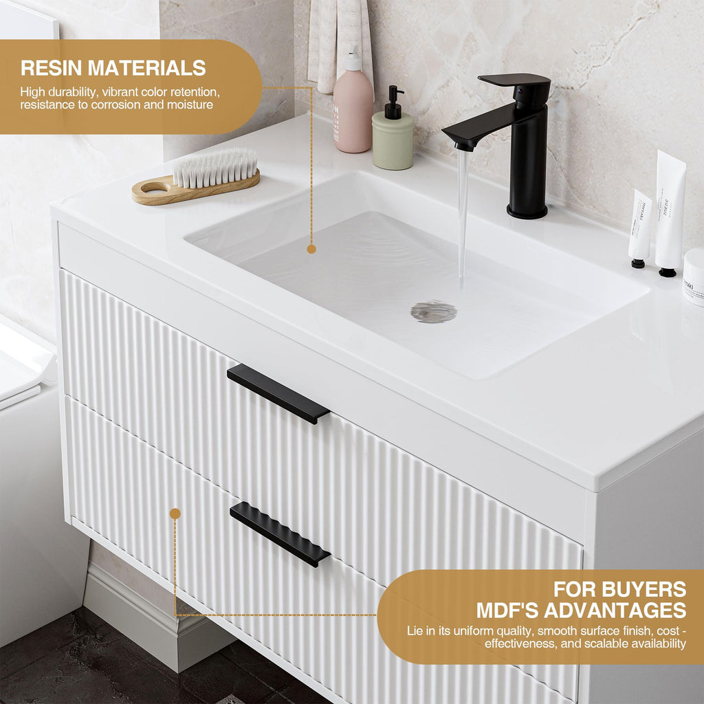 24 Inches Modern MDF Bathroom Vanity with Sink, Wall Mounted Floating Cabinets w/Double Drawers, Black Handles, White Resin Sink Combo Set (Black, 24")