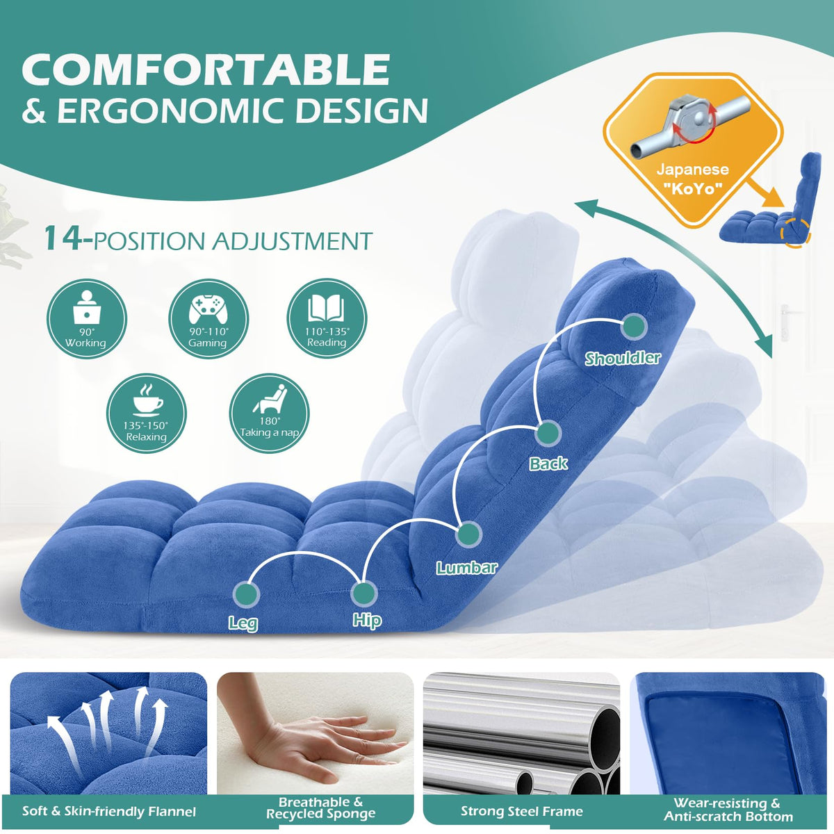 Folding Floor Gaming Chair 14-Poistion Cushioned Adjustable Floor Lazy Sofa Chair w/Breathable Cotton & Skin-Friendly Velvet for Adults & Kids Perfect for Reading Gaming Meditating, Darkblue