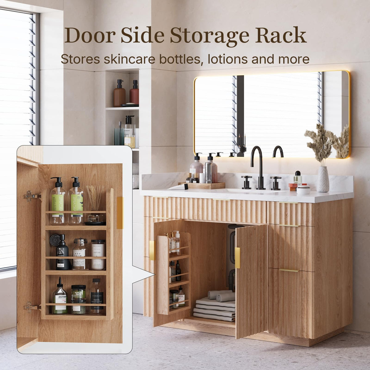 60 Inch Bathroom Vanity Double Sink, Solid Oak Wood, Quartz Top