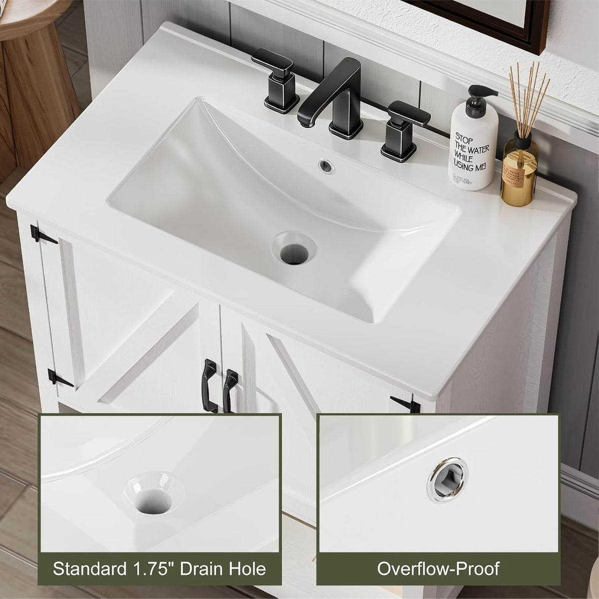 30" Bathroom Vanity with Sink, Modern Bathroom Cabinet, White