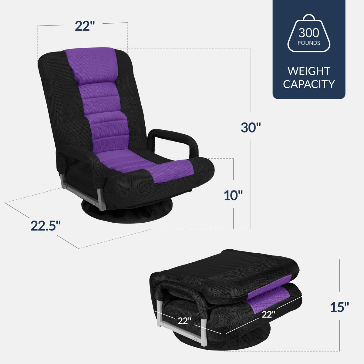 Best Choice Products Swivel Gaming Chair 360 Degree Multipurpose Floor Chair Rocker for TV, Reading, Playing Video Games w/Lumbar Support, Armrest Handles, Adjustable Foldable Backrest - Black/Black