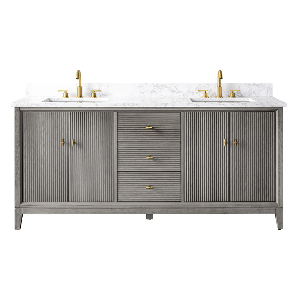 Vanity Art 72" Bathroom Vanity with Double Sink & Arabescato White Engineered Stone Top, Vanity Cabinet with Soft Closing Door, Solid Wood Frame, Golden Brushed Handles, Walnut VA8172D-Walnut-GB