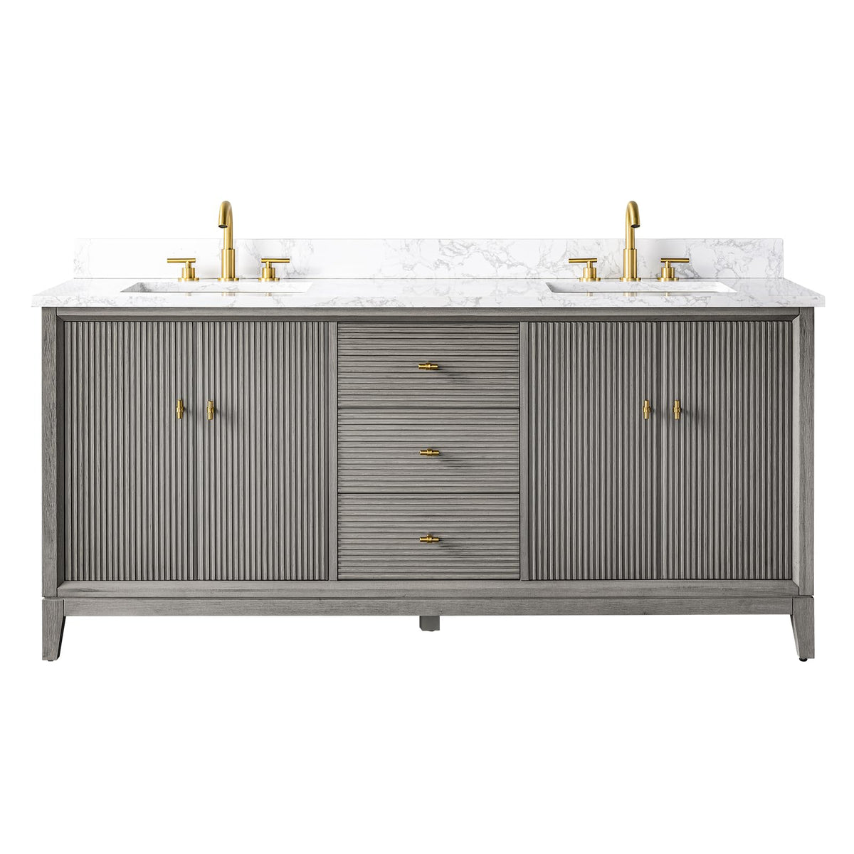 Vanity Art 72" Bathroom Vanity with Double Sink & Arabescato White Engineered Stone Top, Vanity Cabinet with Soft Closing Door, Solid Wood Frame, Golden Brushed Handles, Walnut VA8172D-Walnut-GB