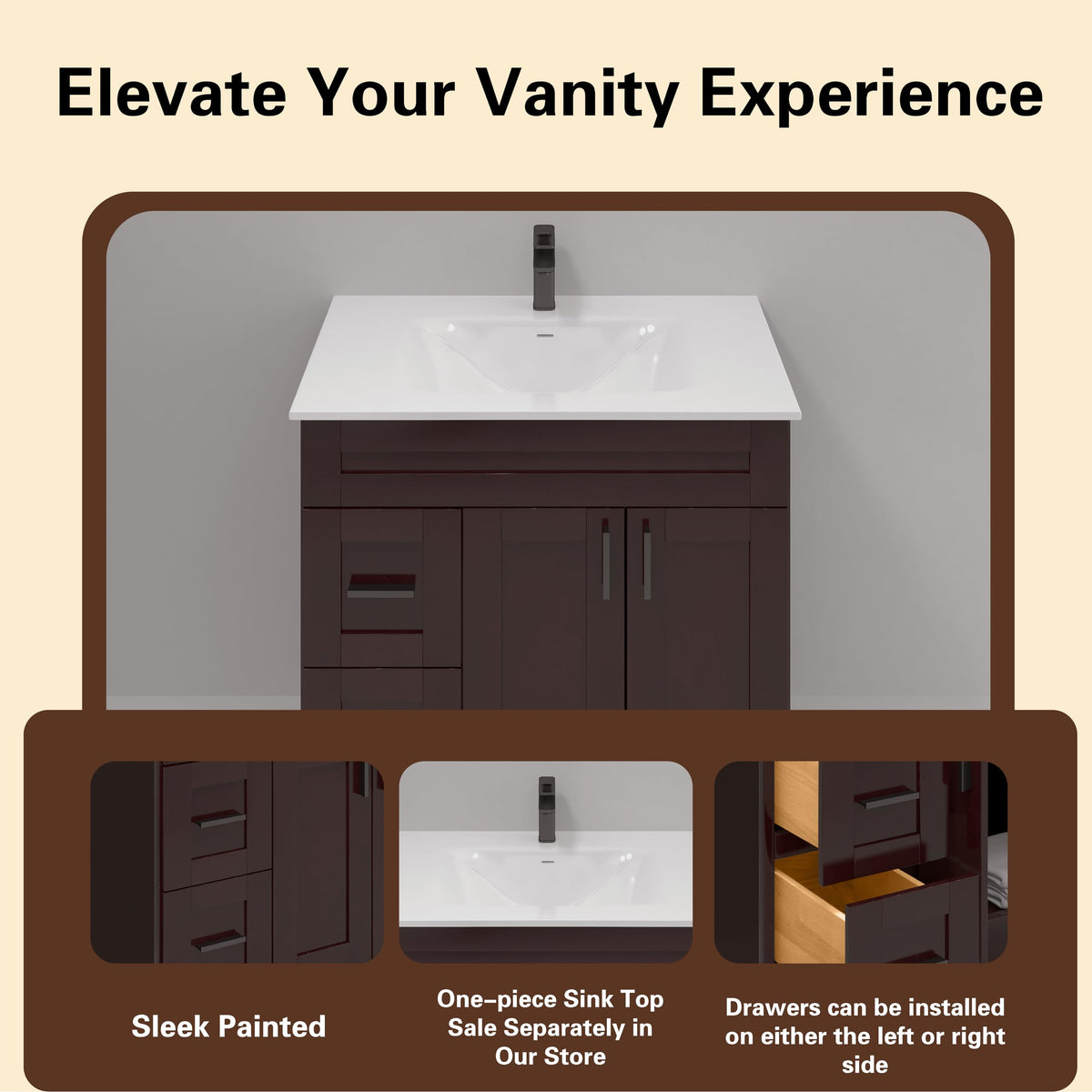 36" Maple Walnut Bathroom Vanity Base â Ready-to-Assemble Sink Cabinet with Drawers, Shaker Style Storage, Base Only, No Top or Sink