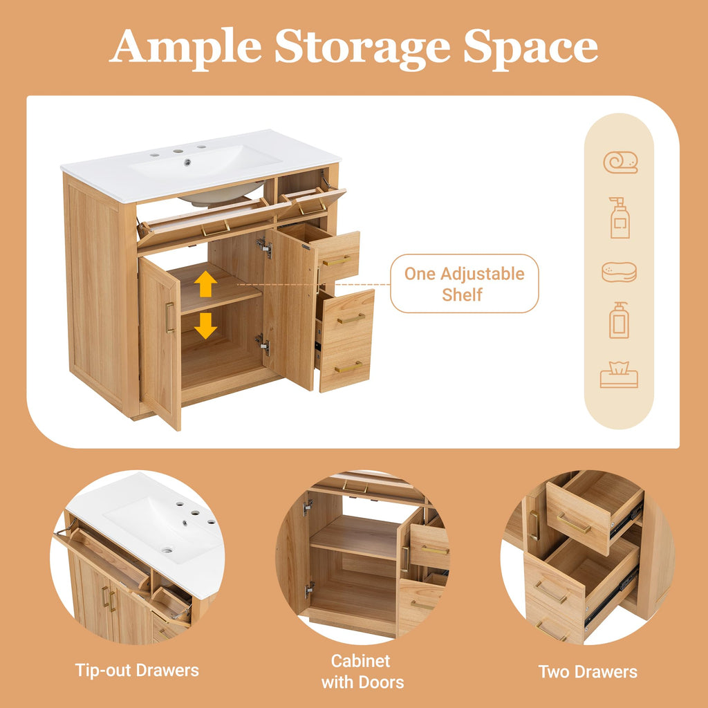 36 Inch Bathroom Vanities with Undermount Ceramic Sink, Storage Cabinet with Soft Closing Doors and Three Drawers, Solid Wood Frame, Natural Wood