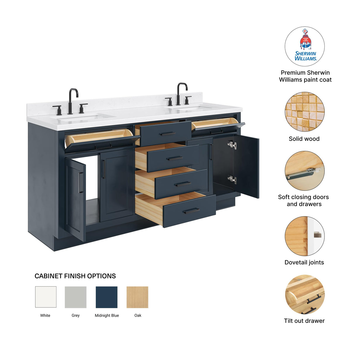 DKB Emilia 72 Inch Bathroom Vanity Double Sink â White Bathroom Vanity with Sink, 1.5" Edge Carrara White Quartz Countertop & Backsplash, 4 Soft-Close Doors, and 6 Dovetail Drawers