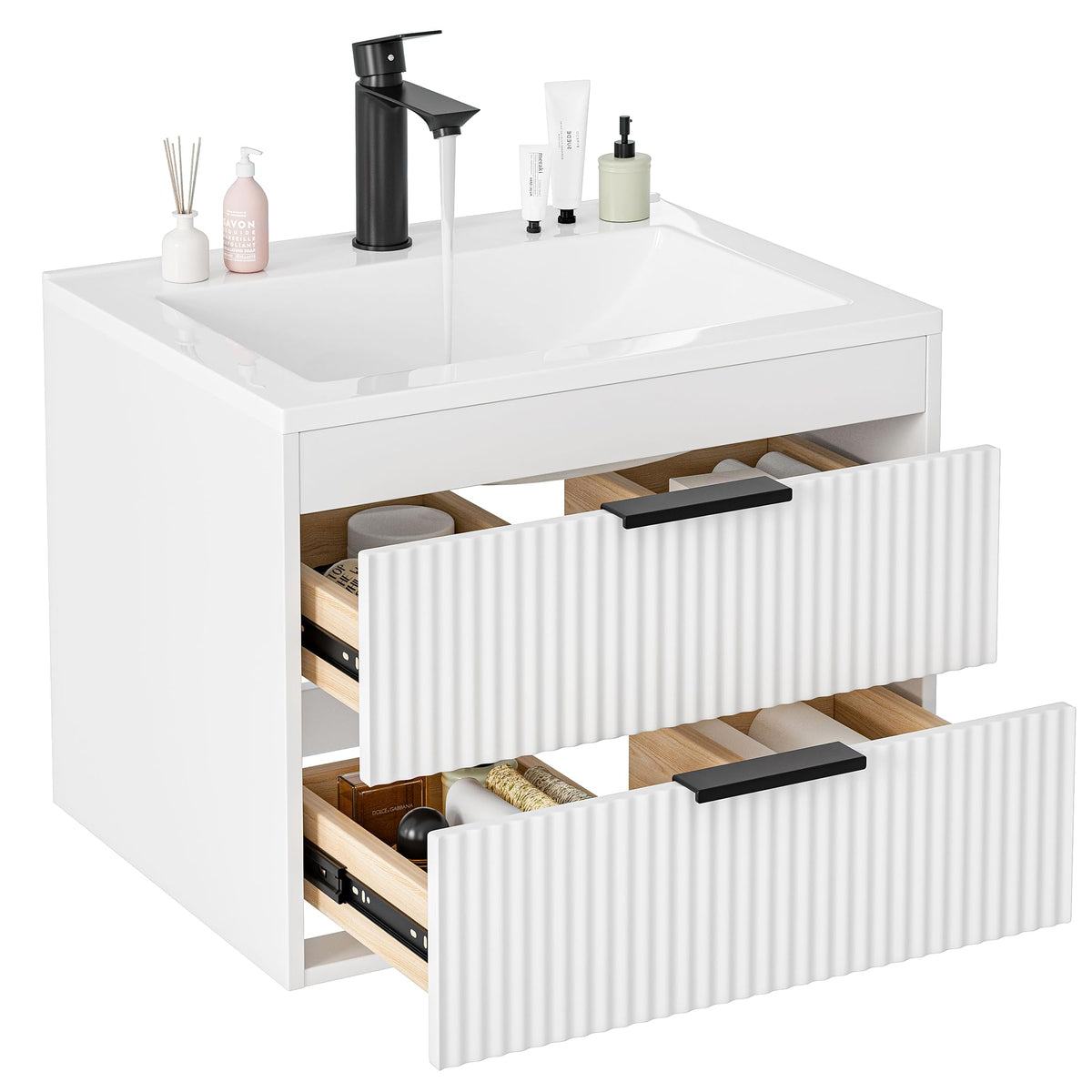 24 Inches Modern MDF Bathroom Vanity with Sink, Wall Mounted Floating Cabinets w/Double Drawers, Black Handles, White Resin Sink Combo Set (Black, 24")