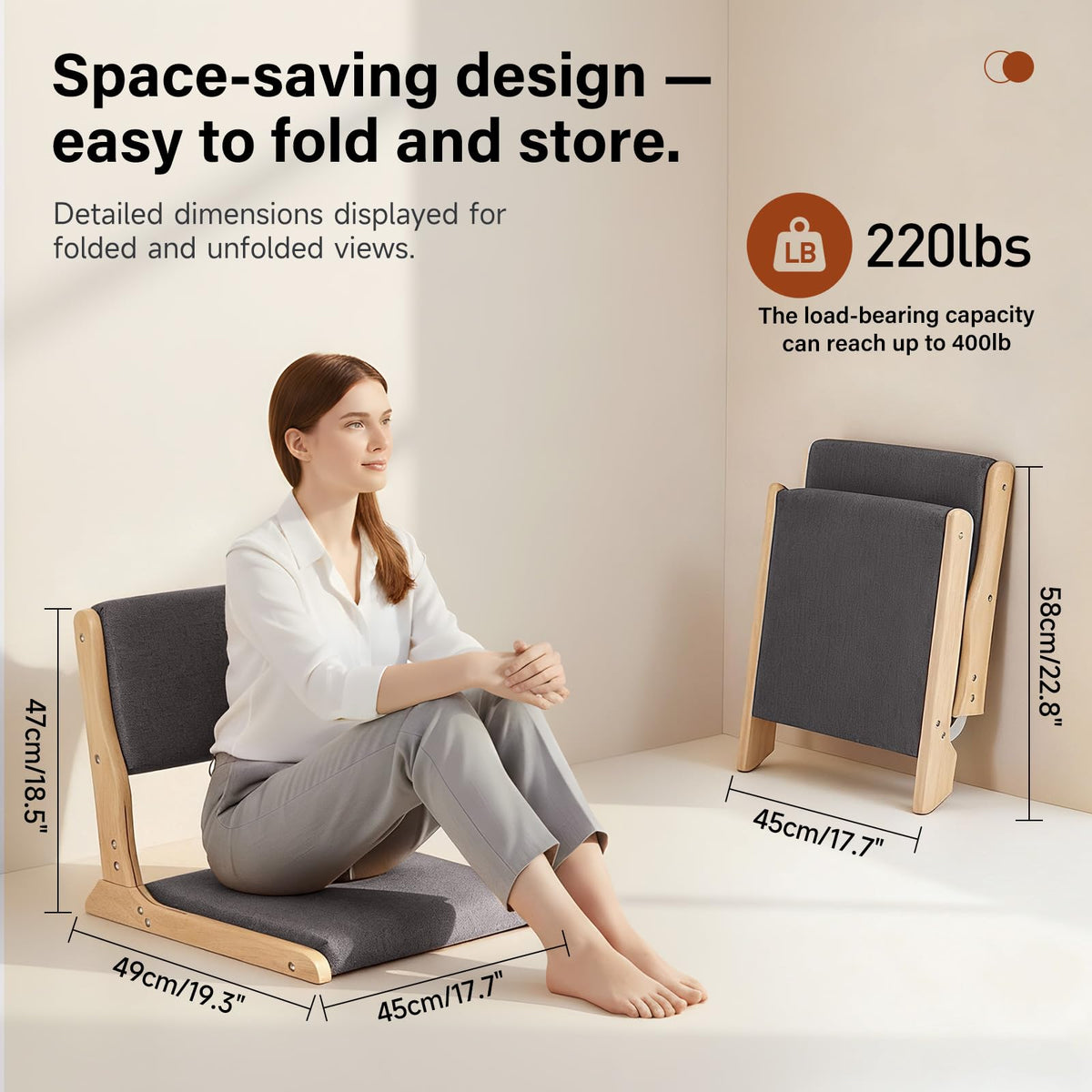 Tiita 2-Pack Foldable Meditation Floor Chairs with Back Support, Wood Grey