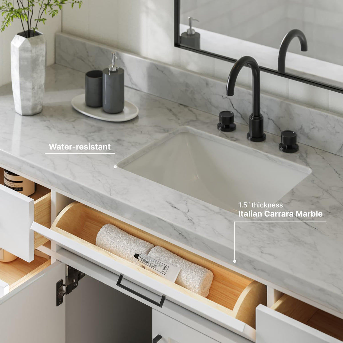 ARIEL Hepburn 66-inch Bathroom Vanity with Sink,Solid Wood, 1.5-inch Pure White Quartz Countertop & Backsplash, Single Rectangular Porcelain Sink, 2 Soft Closing Doors, 9 Dovetail Drawers, White