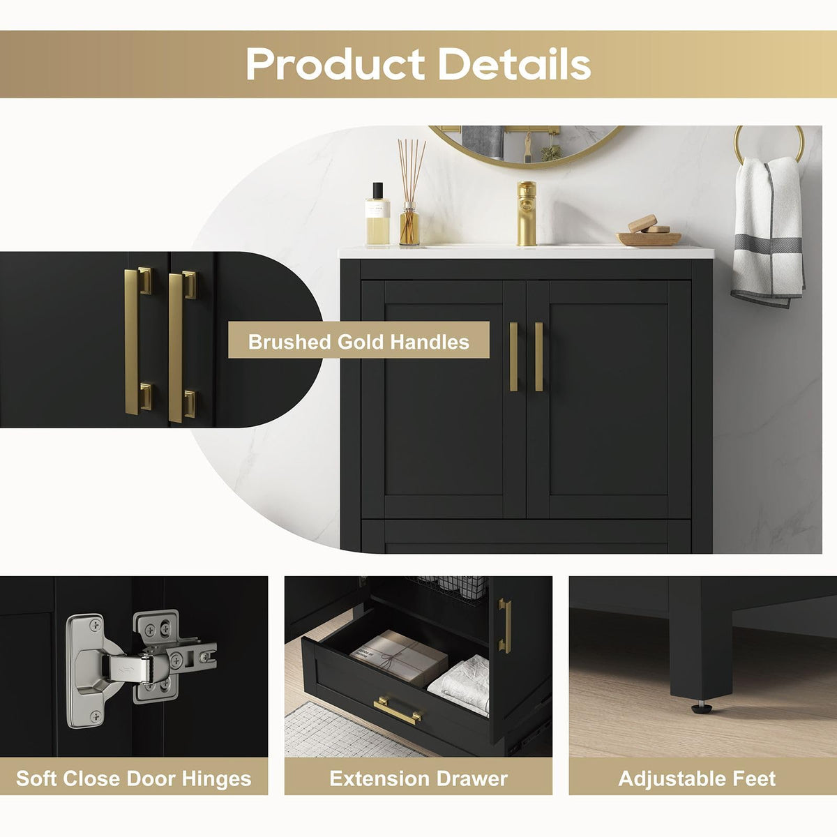 36 Inch Modern Bathroom Vanity with Sink, Black