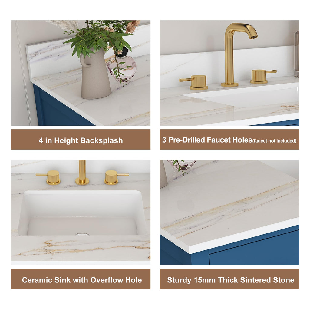 60" Bathroom Vanity Single Sink with 3 Hole, Sink Bathroom Vanity with Solid Wood Frame Storage,Soft Close Double Doors & 9 Sliding Drawers, with Gold Accents