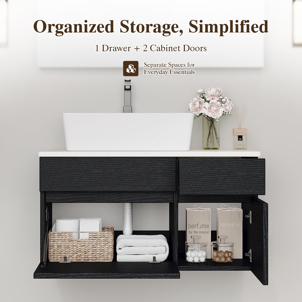 36 Inch Bathroom Vanity with Sink, Black Floating Wall Mounted Vanity