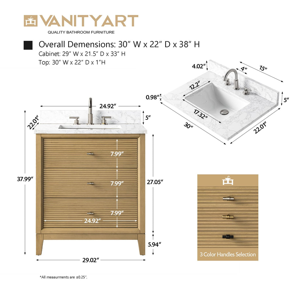 Vanity Art 72" Bathroom Vanity with Double Sink & Arabescato White Engineered Stone Top, Vanity Cabinet with Soft Closing Door, Solid Wood Frame, Golden Brushed Handles, Walnut VA8172D-Walnut-GB