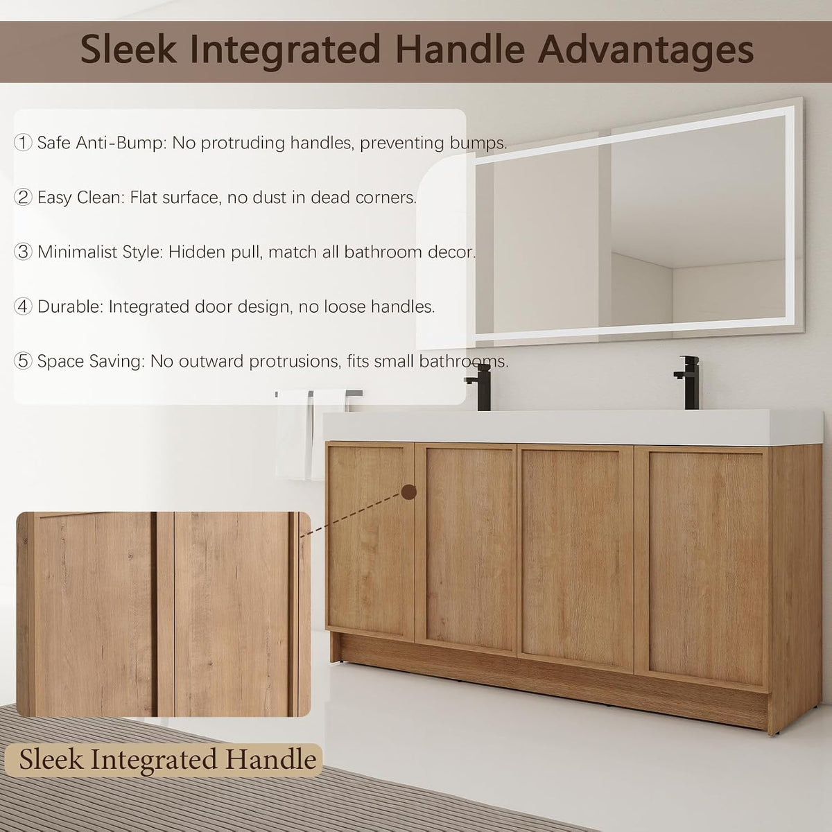 70" Double Sink Bathroom Vanity with Resin Basin, Faux Oak Finish