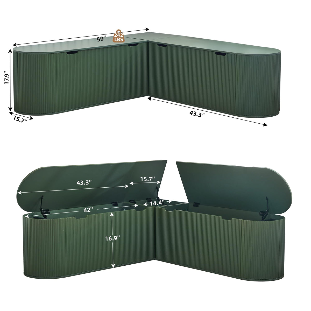 RARZOE 43.3" Fluted Storage Chest, Oval Storage Bench with 4 Wheels,(Green)
