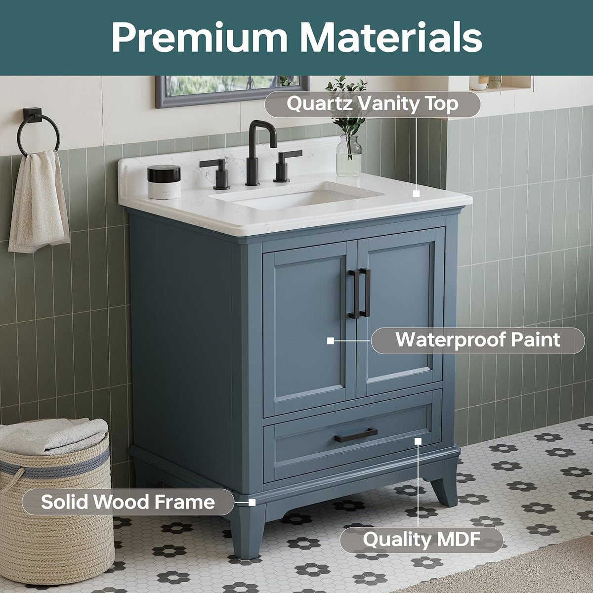 60 Inch Bathroom Vanity Double Sink, Steel Blue