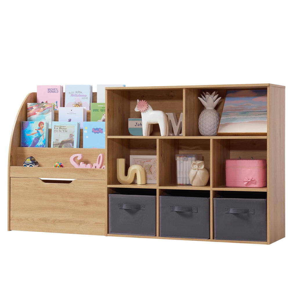 Fatmok Kids Bookshelf and Toy Storage, 2 Pack 58.5ââ Toy Organizer with Movable Chests & 3 Storage Bins, Large Kids Reading Nook with 5 Cubbies for Playroom, Bedroom, Nursery, White