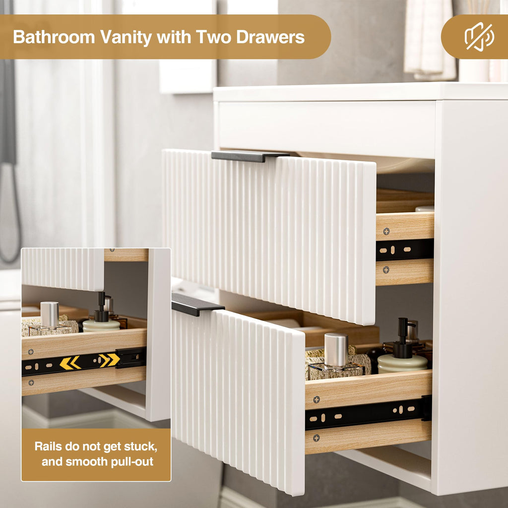 24 Inches Modern MDF Bathroom Vanity with Sink, Wall Mounted Floating Cabinets w/Double Drawers, Black Handles, White Resin Sink Combo Set (Black, 24")