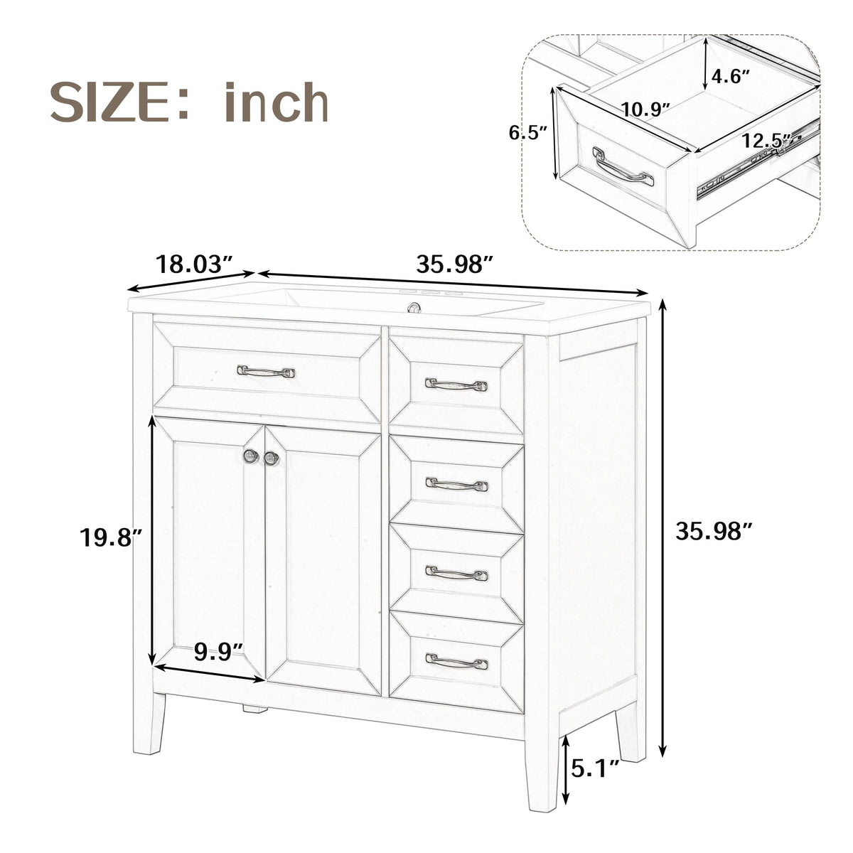 36 Inch Bathroom Vanities with Undermount Ceramic Sink, Storage Cabinet with Soft Closing Doors and Three Drawers, Solid Wood Frame, Natural Wood