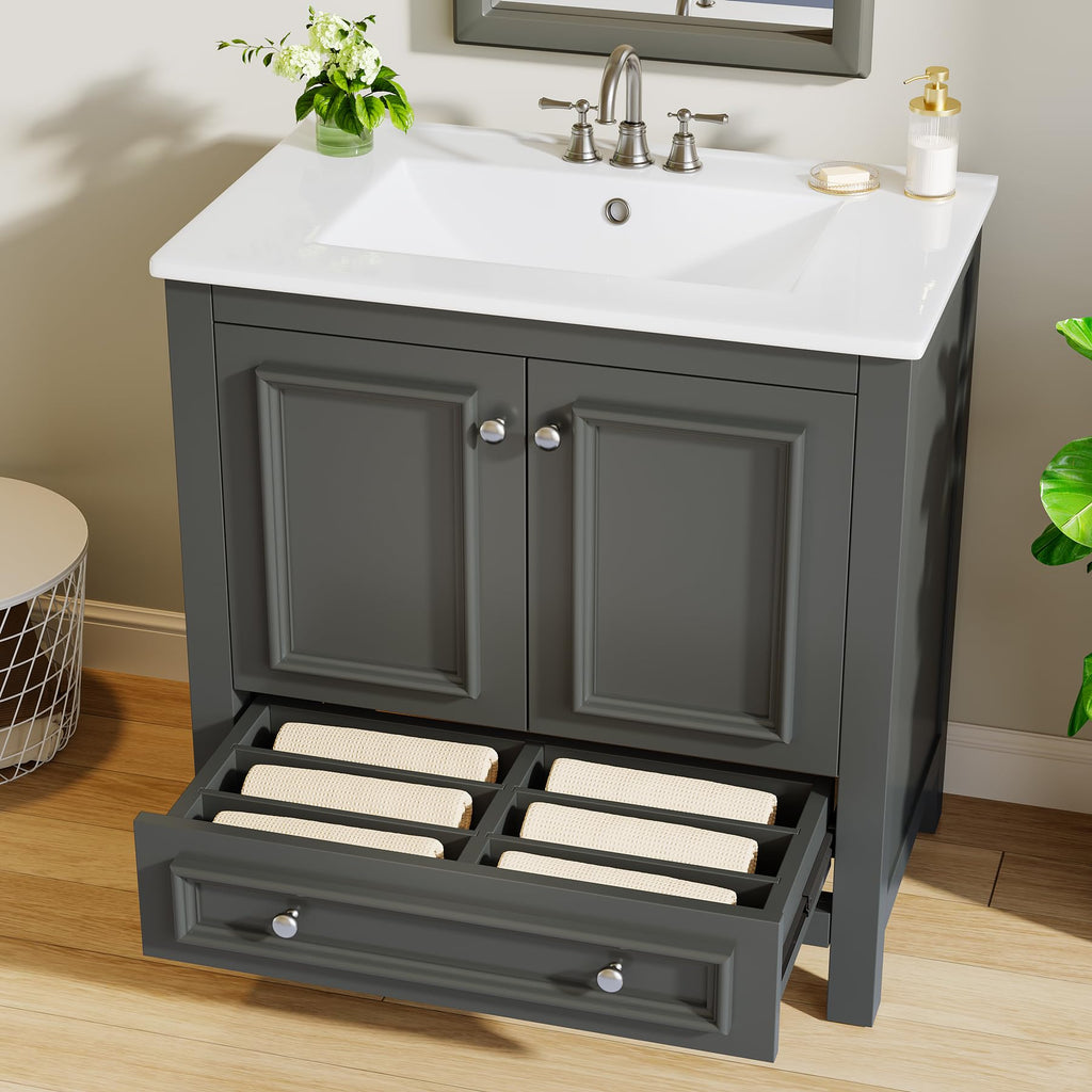 Tribesigns 30" Bathroom Vanity with Sink, Freestanding Bathroom Vanities Cabinet with Ceramic Basin Combo, Bathroom Sink Cabinet with 2 Doors and 1 Drawer, Solid Wooden Frame (Navy Blue, 30 INCH)