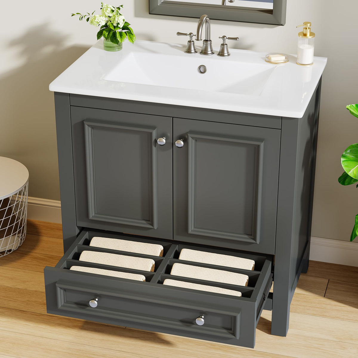 Tribesigns 30" Bathroom Vanity with Sink, Freestanding Bathroom Vanities Cabinet with Ceramic Basin Combo, Bathroom Sink Cabinet with 2 Doors and 1 Drawer, Solid Wooden Frame (Navy Blue, 30 INCH)