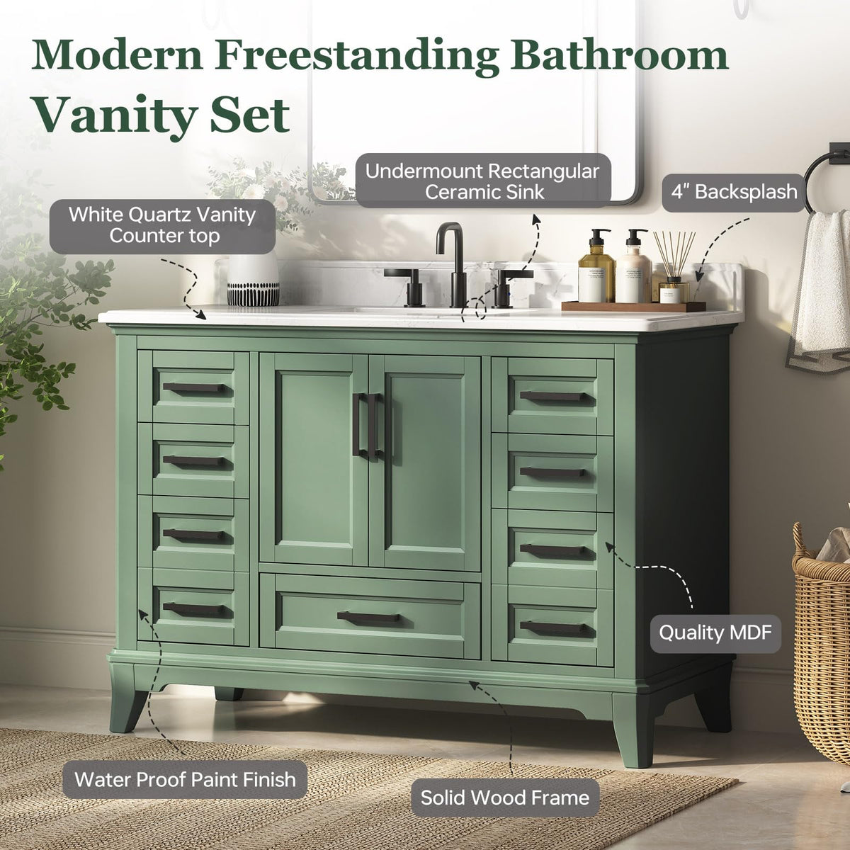 42 Inch Bathroom Vanity with Sink, Pre Assembled, White