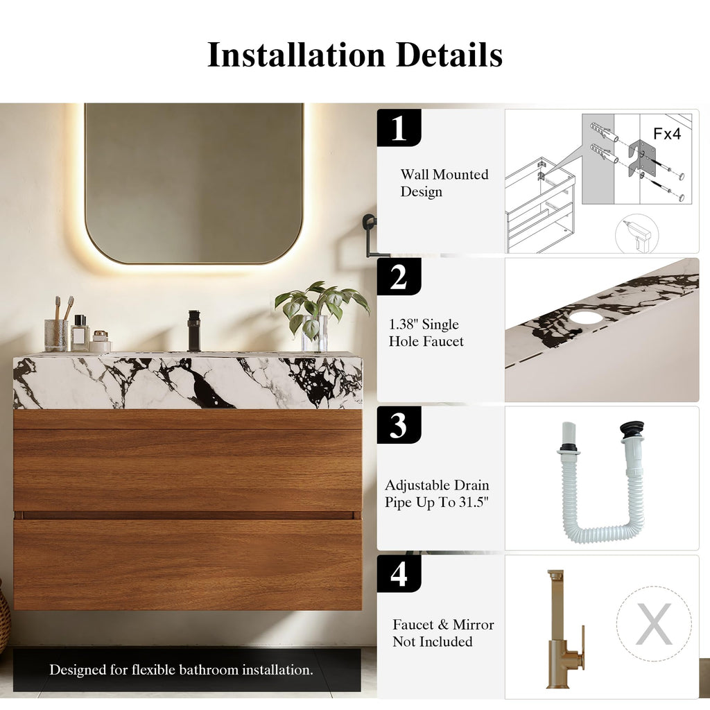36 Inch Bathroom Vanity with Sink, Black Floating Wall Mounted Vanity