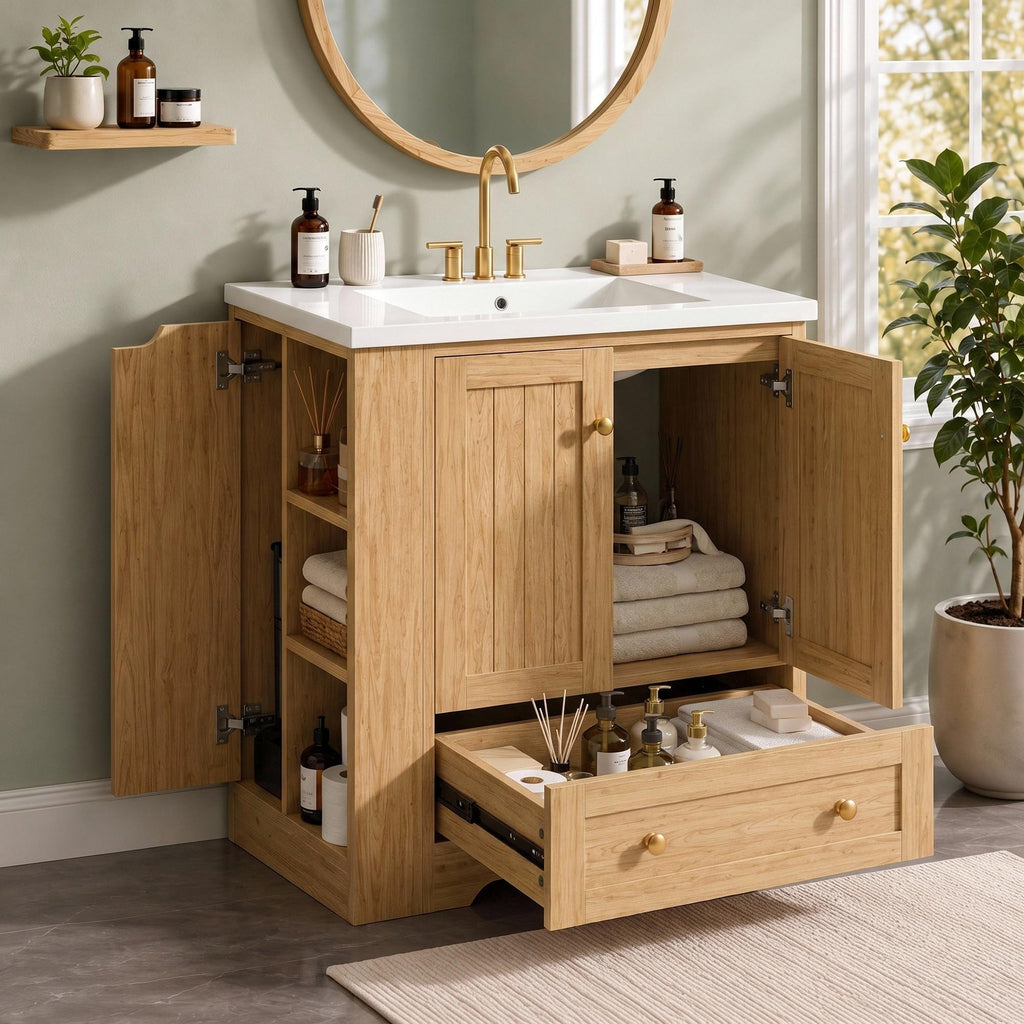 IRONCK Bathroom Vanity with Ceramic Sink, 30" Bathroom Cabinet, Black