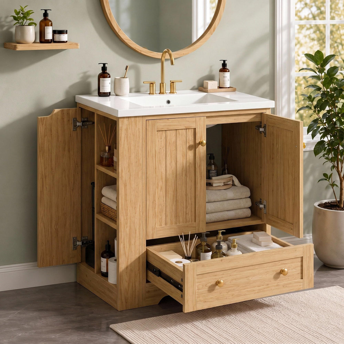 IRONCK Bathroom Vanity with Ceramic Sink, 30" Bathroom Cabinet, Black