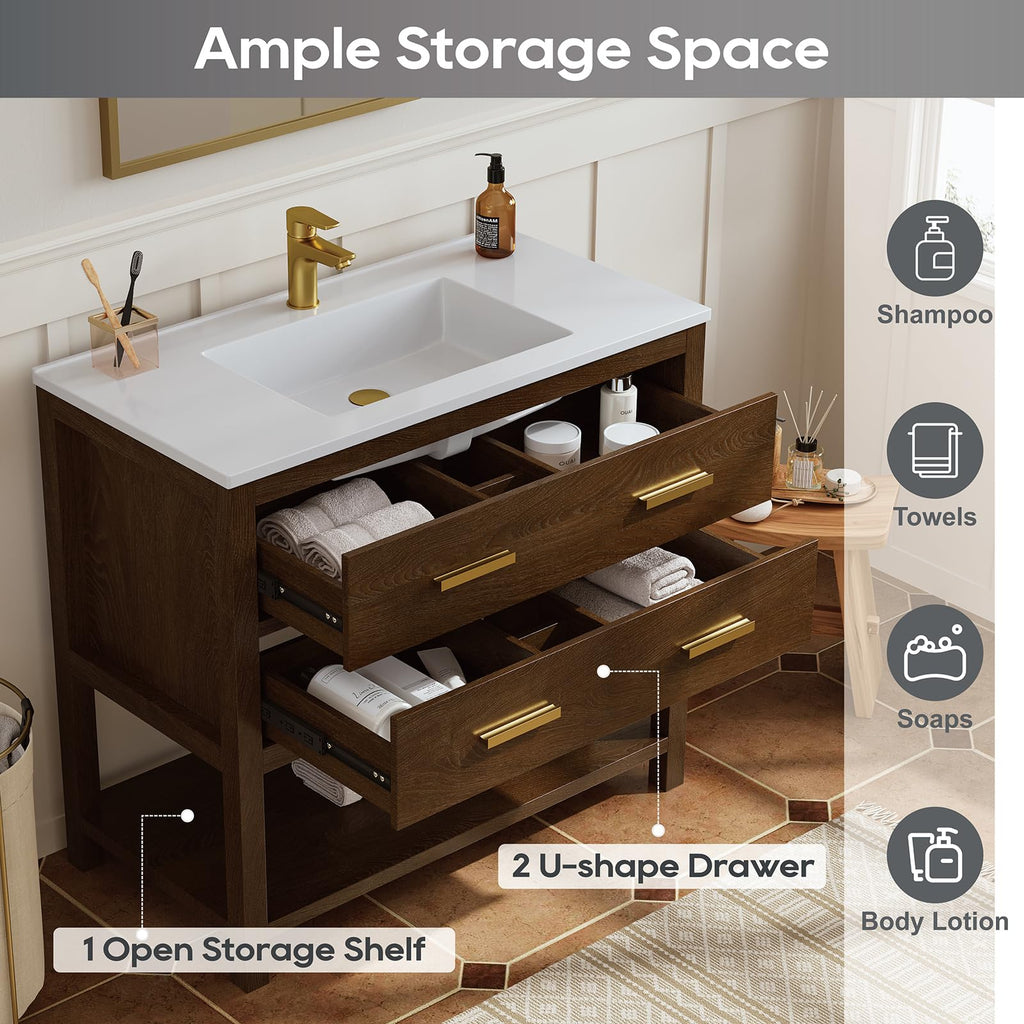 42 Inch Bathroom Vanity with Sink, Fully-Assembled, Walnut