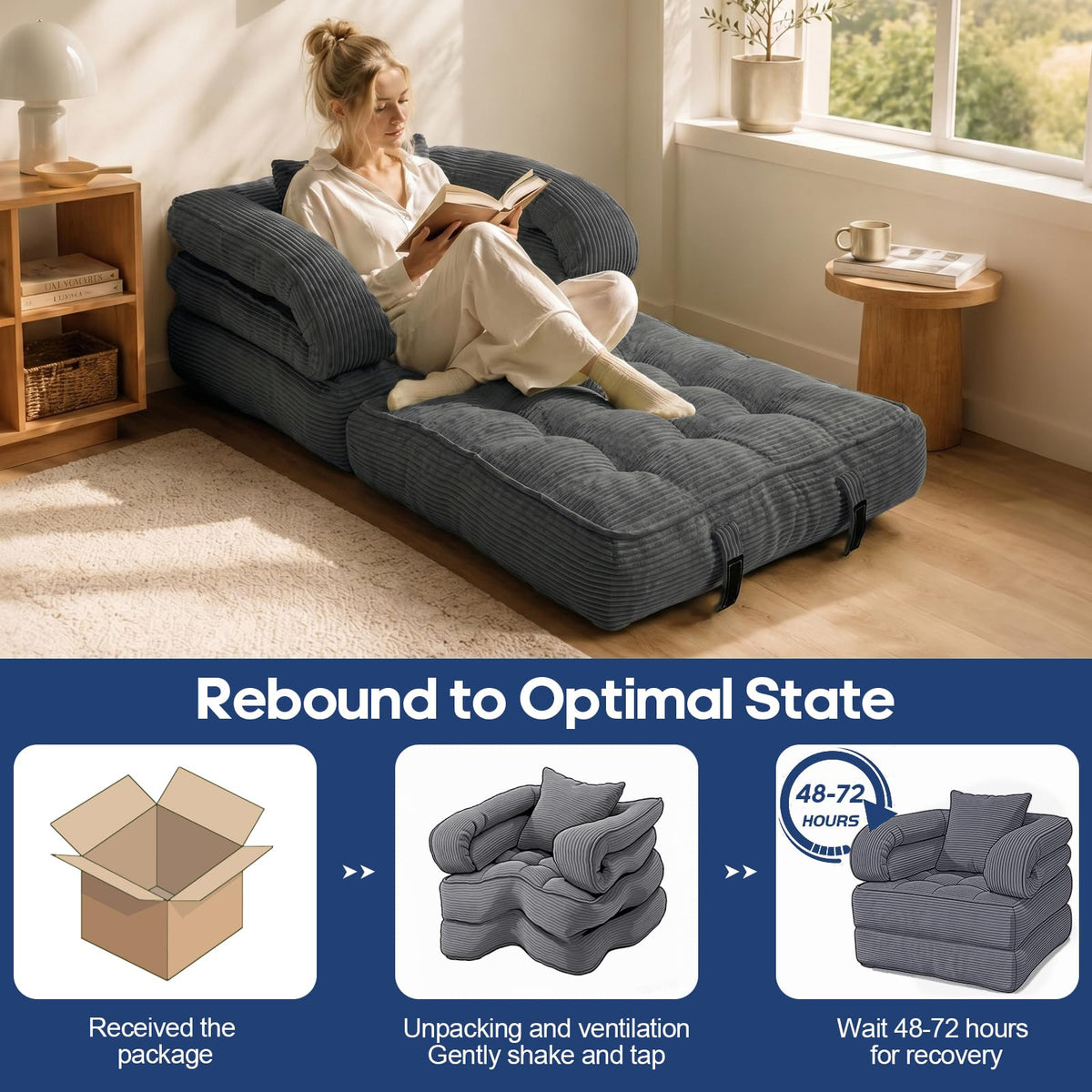 Folding Sofa Bed, Convertible Sleeper Chair with Armrests, Corduroy Foldable Boneless Bed, 3-in-1 Portable Futon Couch Floor Sofa with Pillow for Bedroom, Living Room, Orange