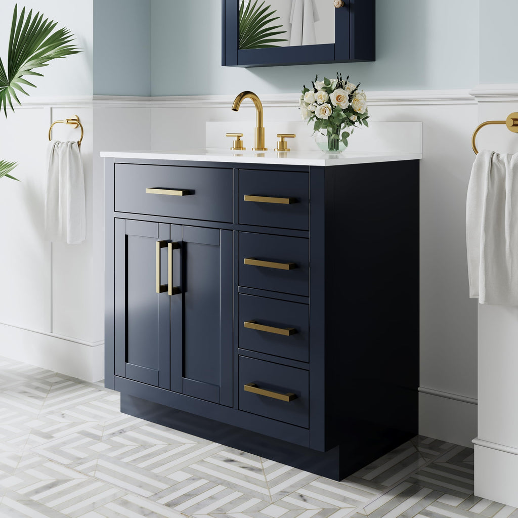 WELLFOR 36-Inch Bathroom Vanity with Sink W/ 2 Doors & 4 Drawers & 1 Flip Drawer,Navy Blue Vanity W/Matte Black Handles