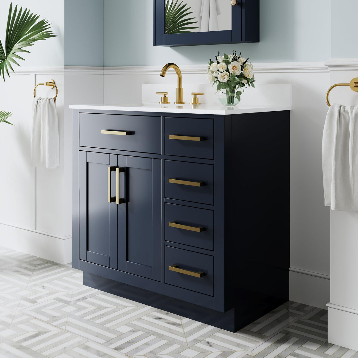 WELLFOR 36-Inch Bathroom Vanity with Sink W/ 2 Doors & 4 Drawers & 1 Flip Drawer,Navy Blue Vanity W/Matte Black Handles