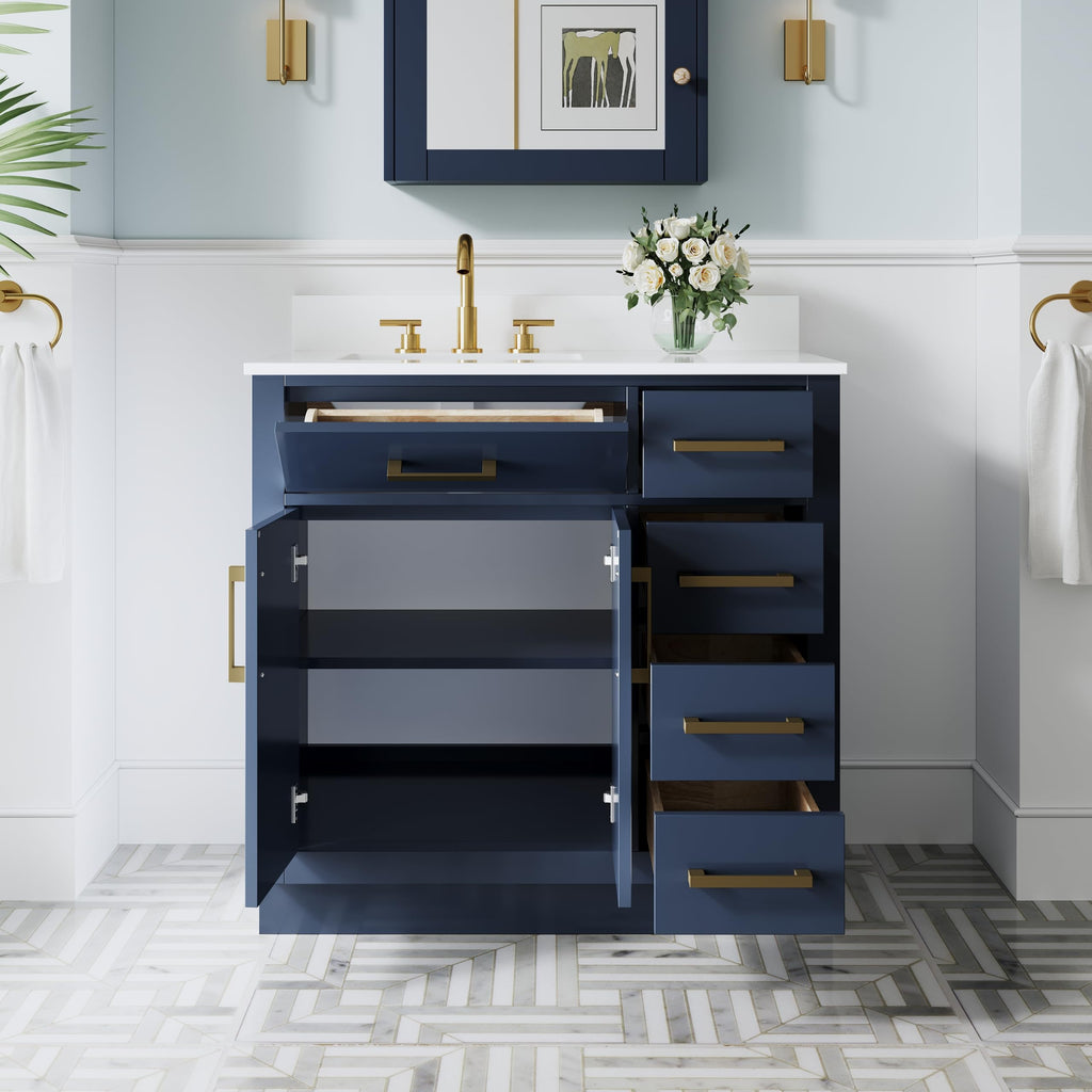 WELLFOR 36-Inch Bathroom Vanity with Sink W/ 2 Doors & 4 Drawers & 1 Flip Drawer,Navy Blue Vanity W/Matte Black Handles