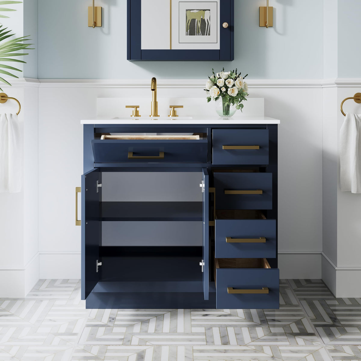 WELLFOR 36-Inch Bathroom Vanity with Sink W/ 2 Doors & 4 Drawers & 1 Flip Drawer,Navy Blue Vanity W/Matte Black Handles