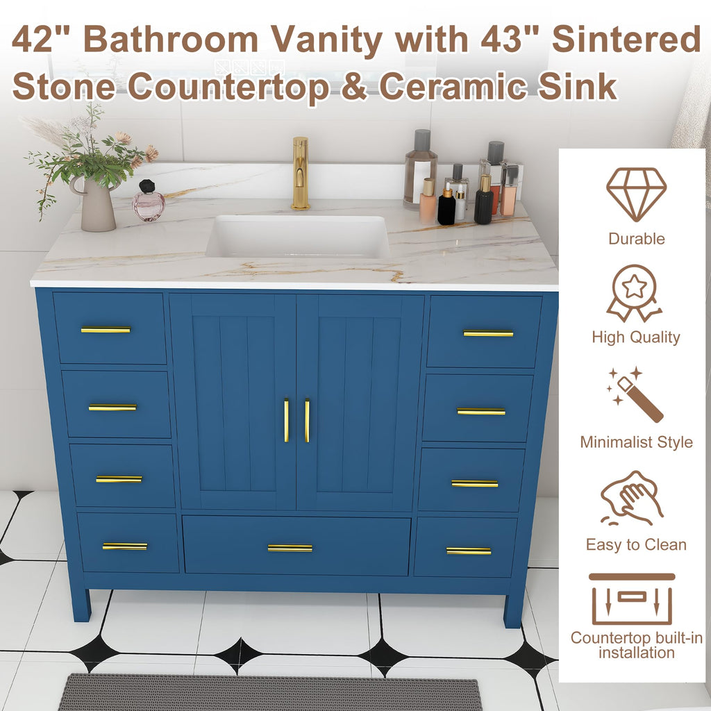 60" Bathroom Vanity Single Sink with 3 Hole, Sink Bathroom Vanity with Solid Wood Frame Storage,Soft Close Double Doors & 9 Sliding Drawers, with Gold Accents