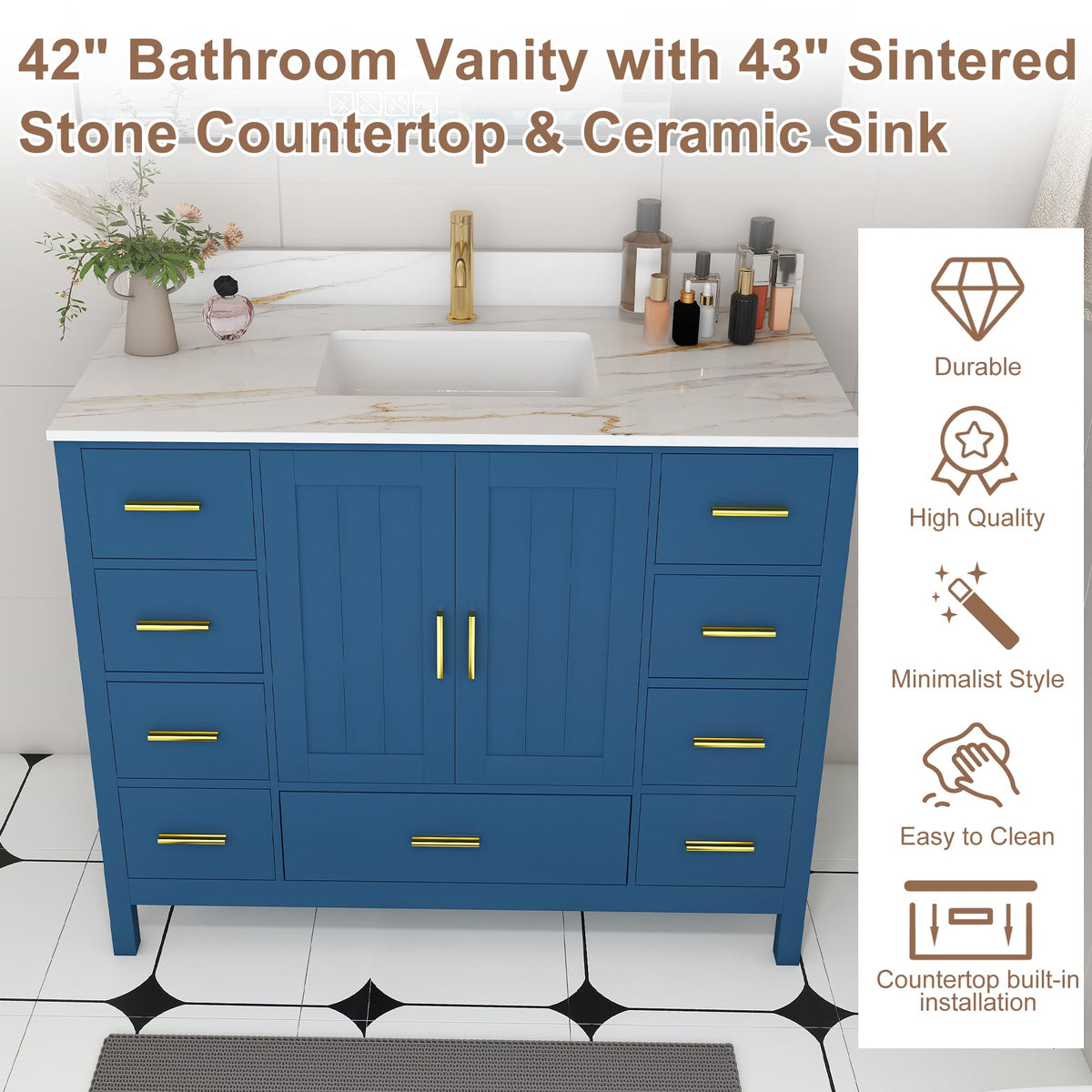 60" Bathroom Vanity Single Sink with 3 Hole, Sink Bathroom Vanity with Solid Wood Frame Storage,Soft Close Double Doors & 9 Sliding Drawers, with Gold Accents
