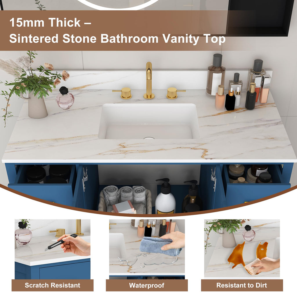 60" Bathroom Vanity Single Sink with 3 Hole, Sink Bathroom Vanity with Solid Wood Frame Storage,Soft Close Double Doors & 9 Sliding Drawers, with Gold Accents