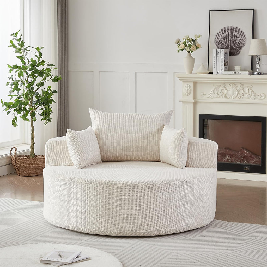 Oversized Round Chaise Longue Chair Indoor, Modern 55-inch Upholstered Corduroy Deep Seat Circle Single Cloud Lounge Floor Sofa Chair for Living Room, Bedroom Apartment, Beige