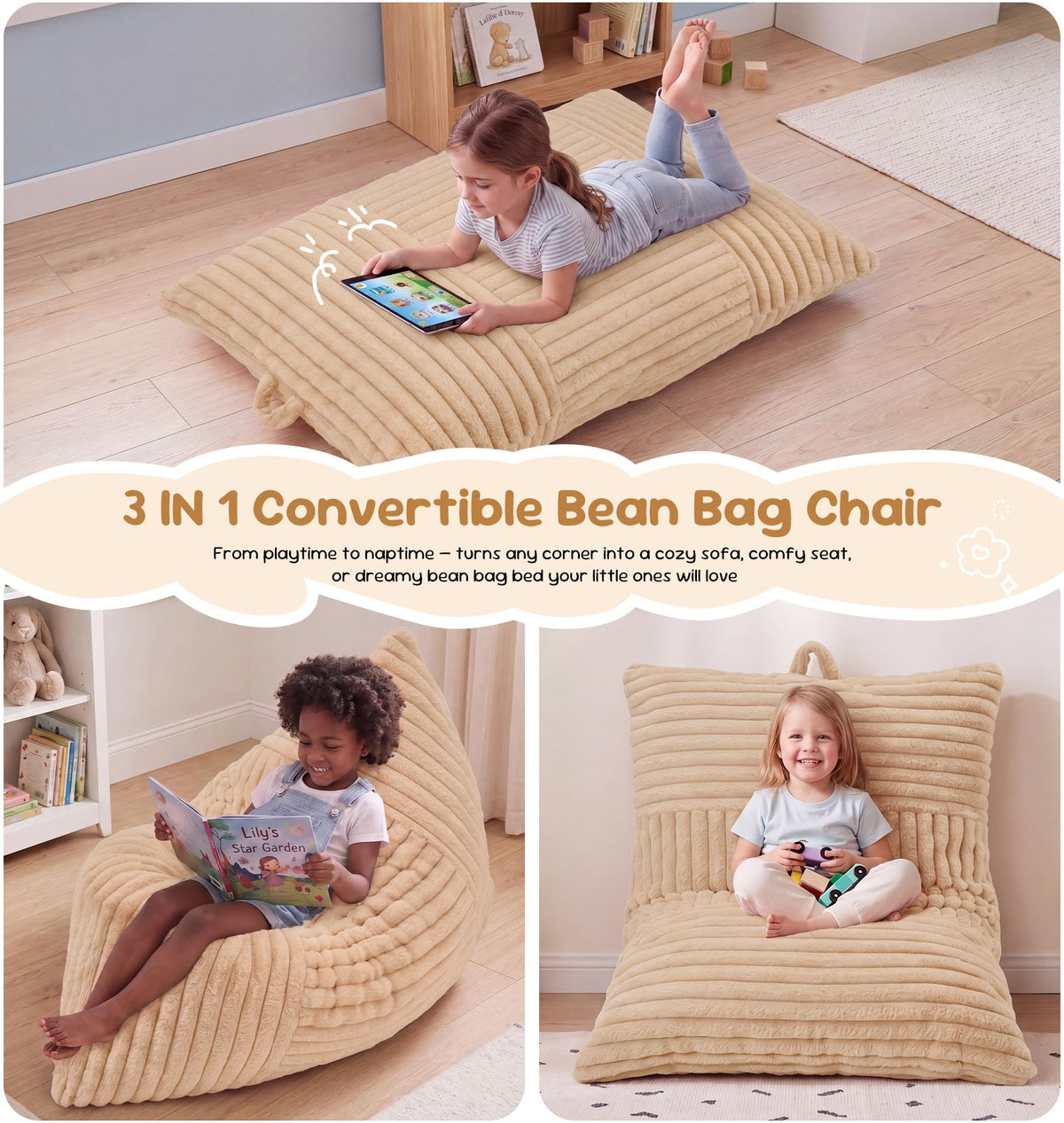 Hobestluk Adult Bean Bag Chair 3 in 1 Convertible Large Bean Bag Sofa